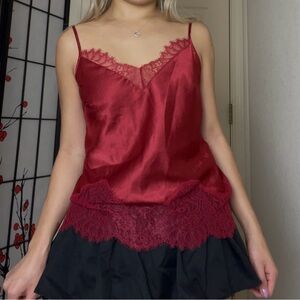 Victoria’s Secret | Red Satin Lace-Trim Tank Top